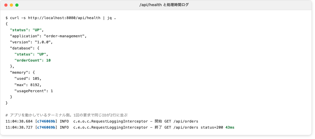 完了時。orderCount が 10 になり、1回の要求のログ2行に同じIDと処理時間が出ます