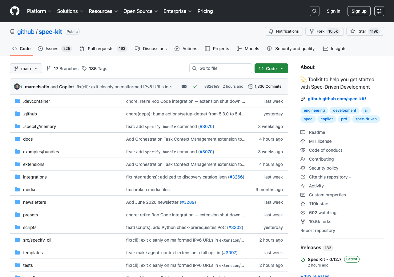 GitHub Spec Kit のリポジトリページ